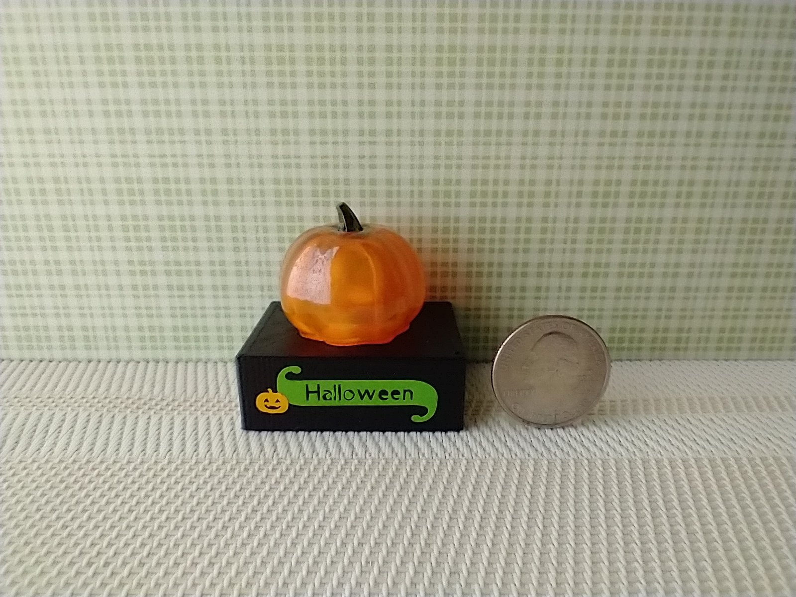 Battery lighted miniature faux glass Jack-o-Lantern Pumpkin light on black stand Halloween light for 1-inch scale or play scale