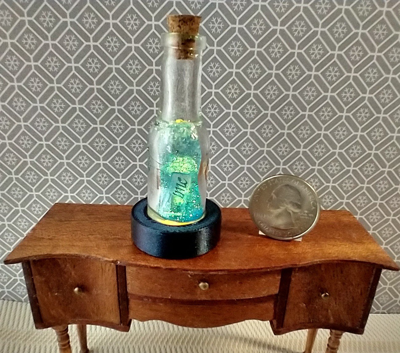Dollhouse miniature battery lighted glass bottle blue glitter bubbles and "Time" tag inside bottle for 12th or play scale dioramas No external wires