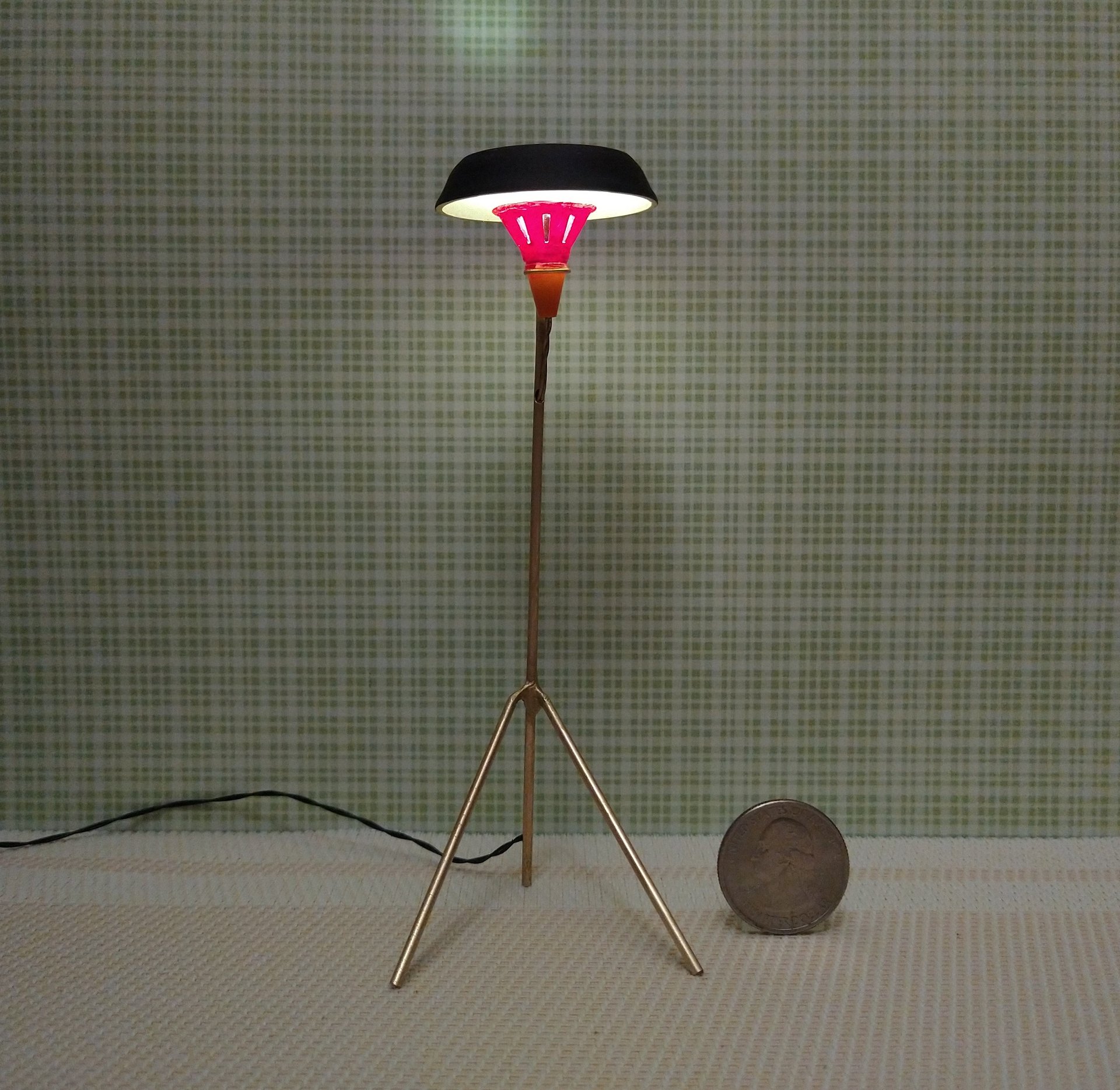 1:12 scale dollhouse mid-century style tripod floor lamp Battery operated MCM lamp with external wires