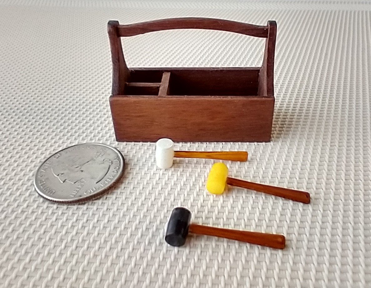 1:12 dollhouse tool tote in solid walnut Miniature tool tote for wood shop or gardening
