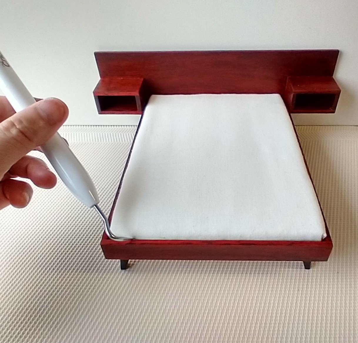 1:12 dollhouse MCM platform bed with built in night stands in solid African padauk comes with cotton fabric covered mattress