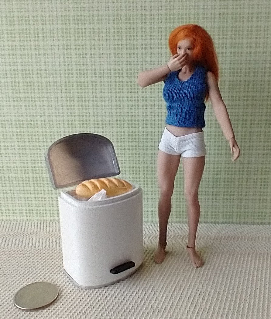 1:12 Dollhouse kitchen trash can in white finish with black pedal hinged silvery lid Modern styled trash can Kitchen garbagge can