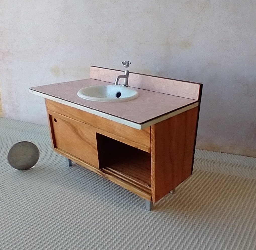 RESERVED 1:12 Dollhouse mid-century styled bath single sink vanity cabinet Angled cabinet undermount sink with backsplash and sliding doors