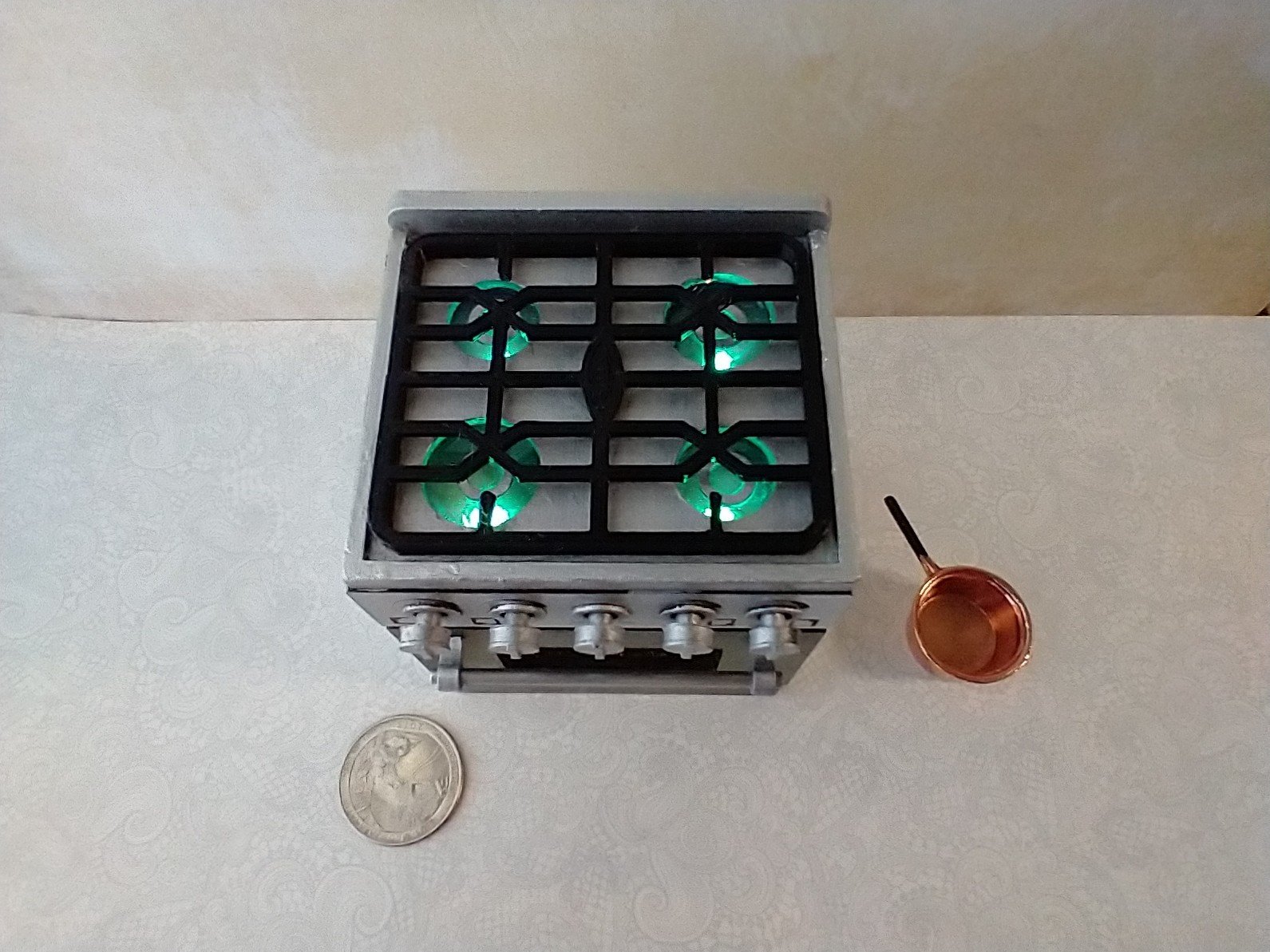 RESERVED 1:12 Dollhouse gas stove with  light up oven and four burners with suggested blue flames Door and faux drawer in green