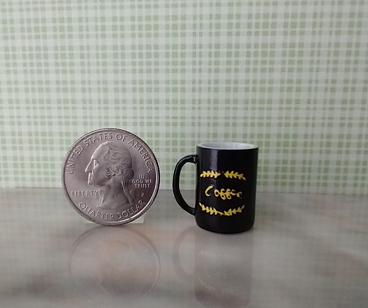 Play scale 1:6 or Barbie dollhouse black coffee mug with vinyl decals for 12-inch dolls REF Yellow texts