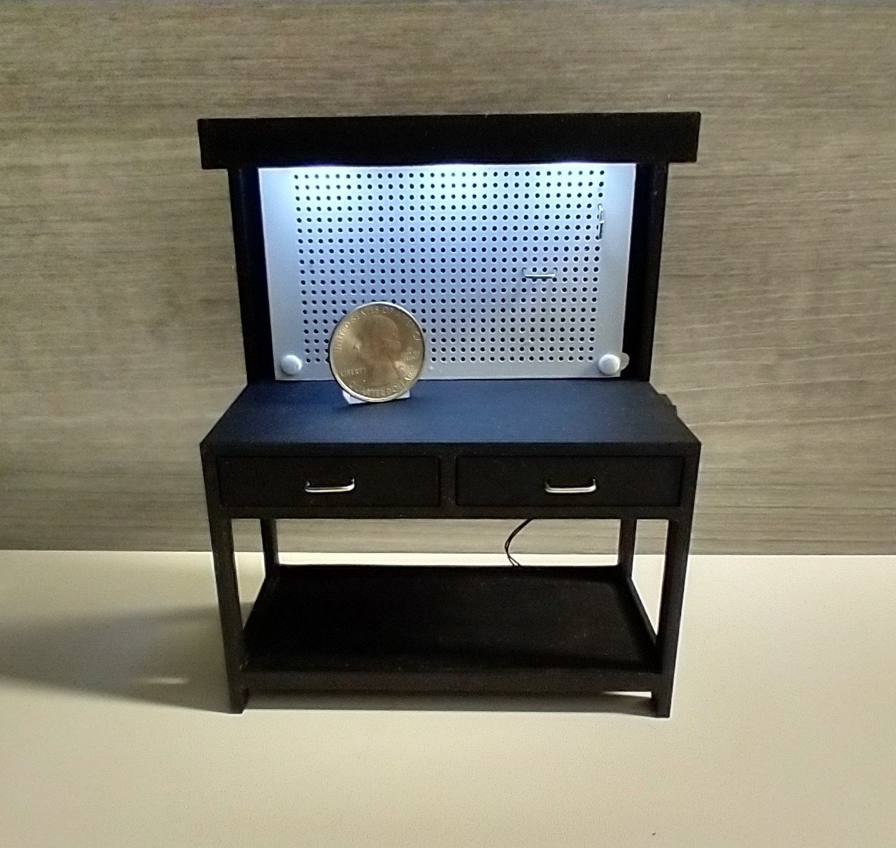 1:12 dollhouse black work bench with pegboard AND built-in battery operated light and two working drawers