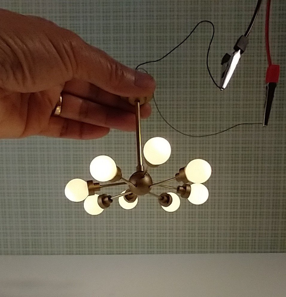 For Diana MADE TO ORDER For 12-volt wired dollhouse - 1:12 scale mid-century inspired space age orbit chandelier Atomic age MCM 8-light ceiling light