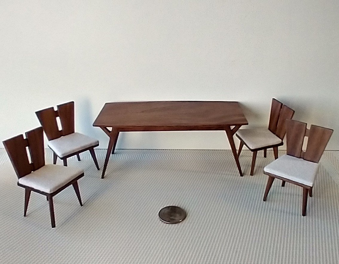1:12 Dollhouse dining table and four chairs set in solid walnut Mid-century styled dining set