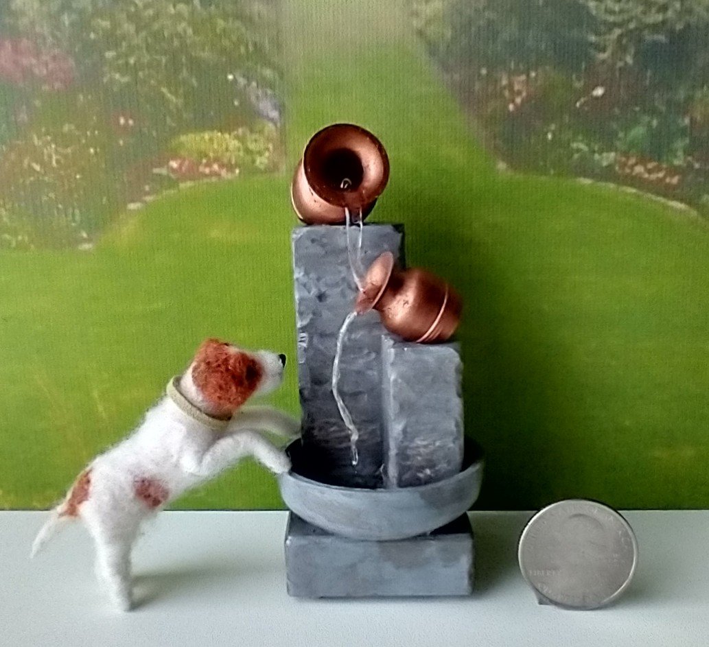 1:12 Dollhouse miniature lighted fountain in stone finish Battery lighted mini fountain for dollhouse garden or patio No external wires Pet not included