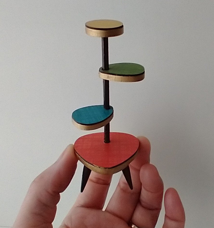 1:12 Dollhouse mid-century style plant stand inspired by Formica 4-tier plant stand with tapered legs REF Loweest coral red platform