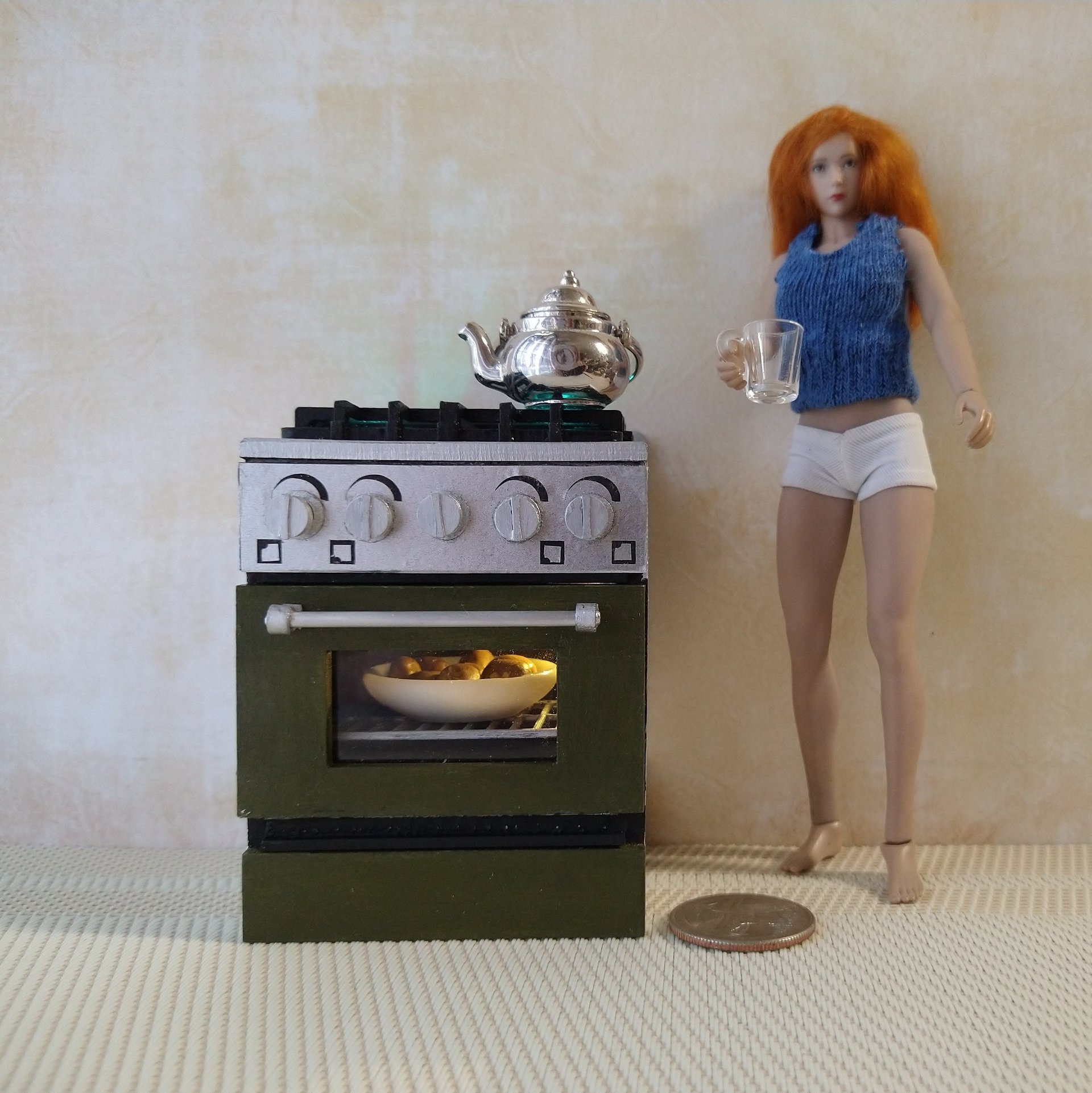 MADE TO ORDER 1:12 Dollhouse gas stove with  light up oven and four burners with suggested blue flames Non-refundable Deposit Payment