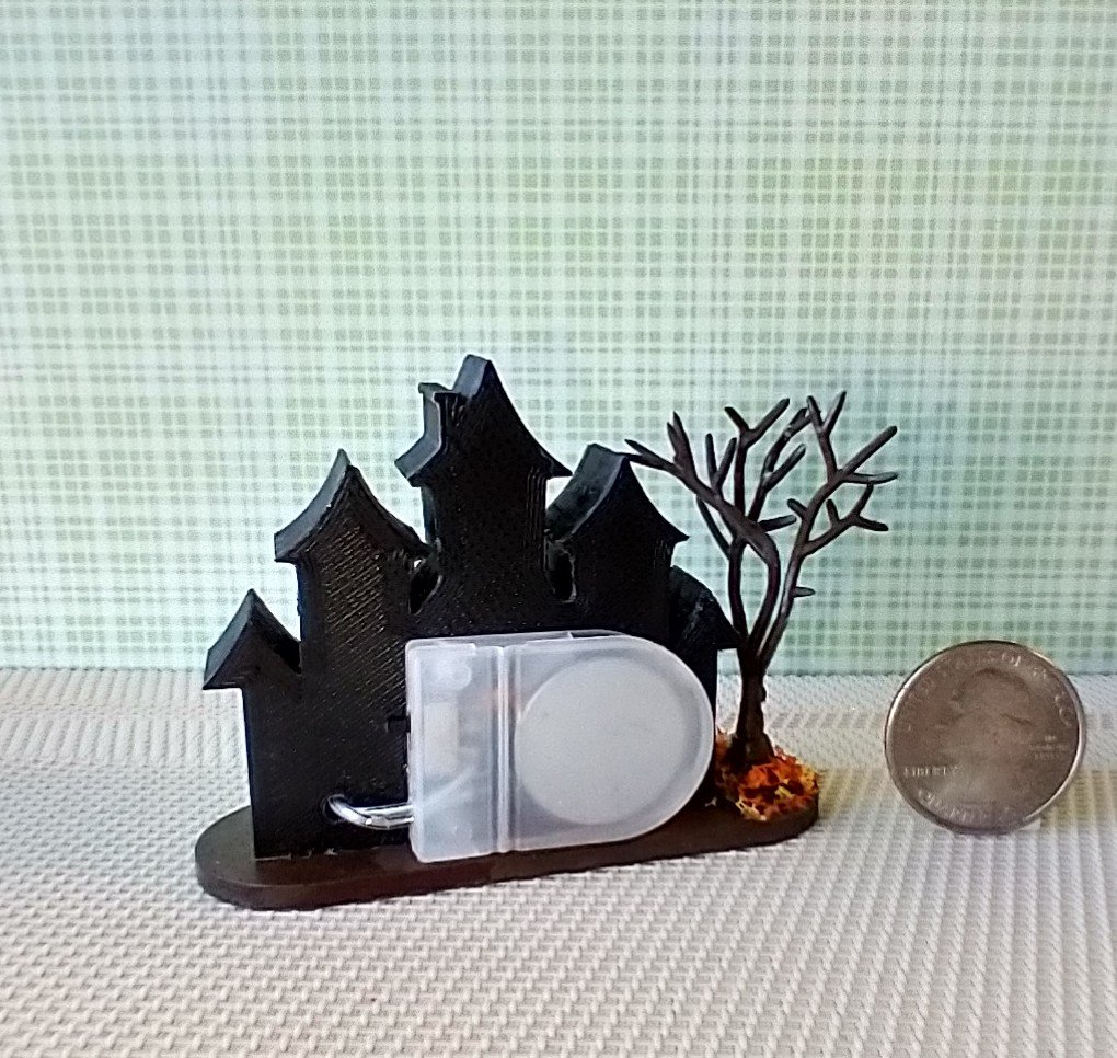 Miniature light up halloween haunted house with leafless tree Battery operated for 1-inch scale or play scale REF 3