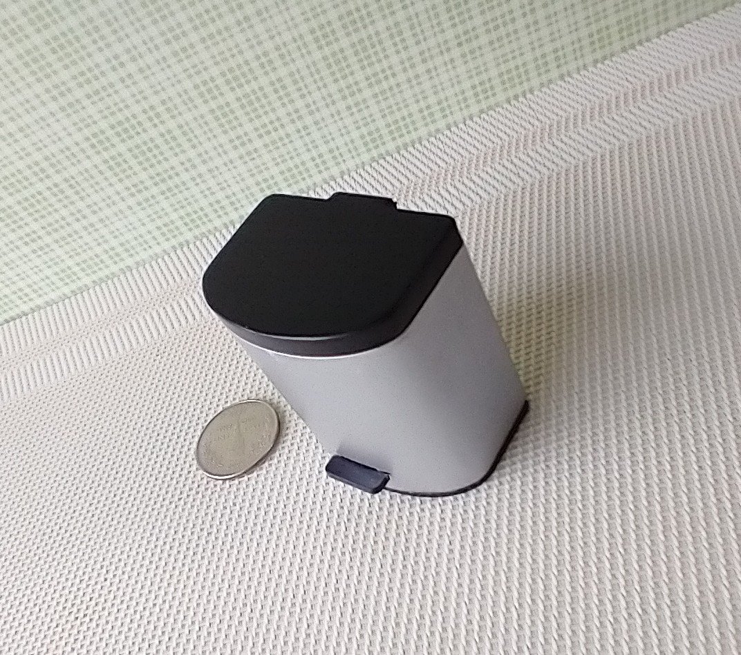 1:12 Dollhouse kitchen trash can in silvery finish with black pedal hinged black lid Modern styled trash can Kitchen garbage can