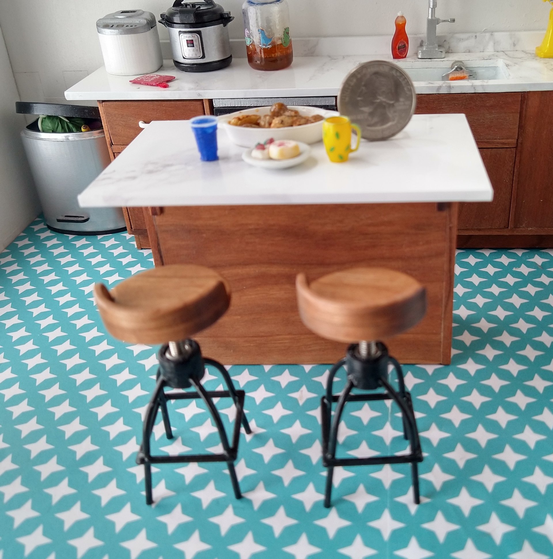 1:12 scale set of two barstools with low back cherry seat and brass legs Industrial style with adjustable seat height