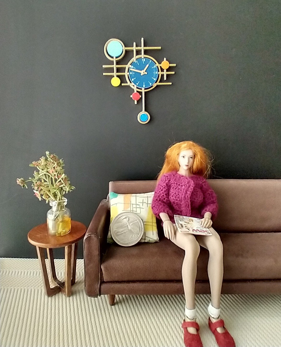 1:12 scale dollhouse mid-century modern wall clock MCM style wall decor with geometric pattern Non-working clock REF Blue pendant