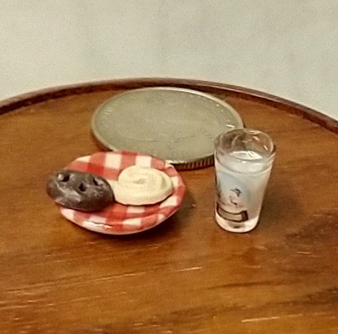 1:12 Dollhouse miniature glass of milk and cookies on ceramic plate for Santa REF Poinsettia