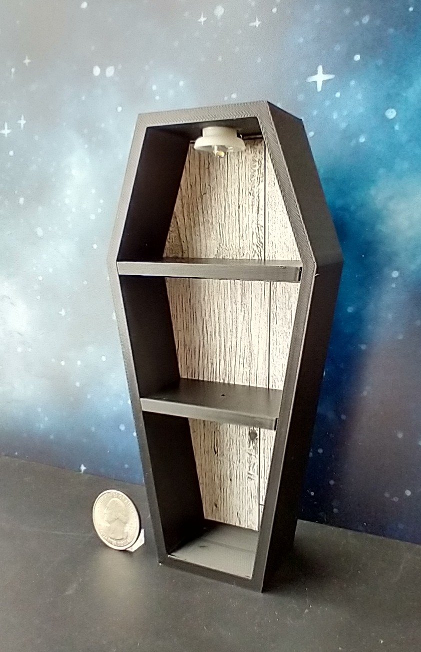 1:12 scale dollhouse miniature Halloween book case Black coffin display case Battery lighted Halloween display unit to showcase your mini Halloween treasures