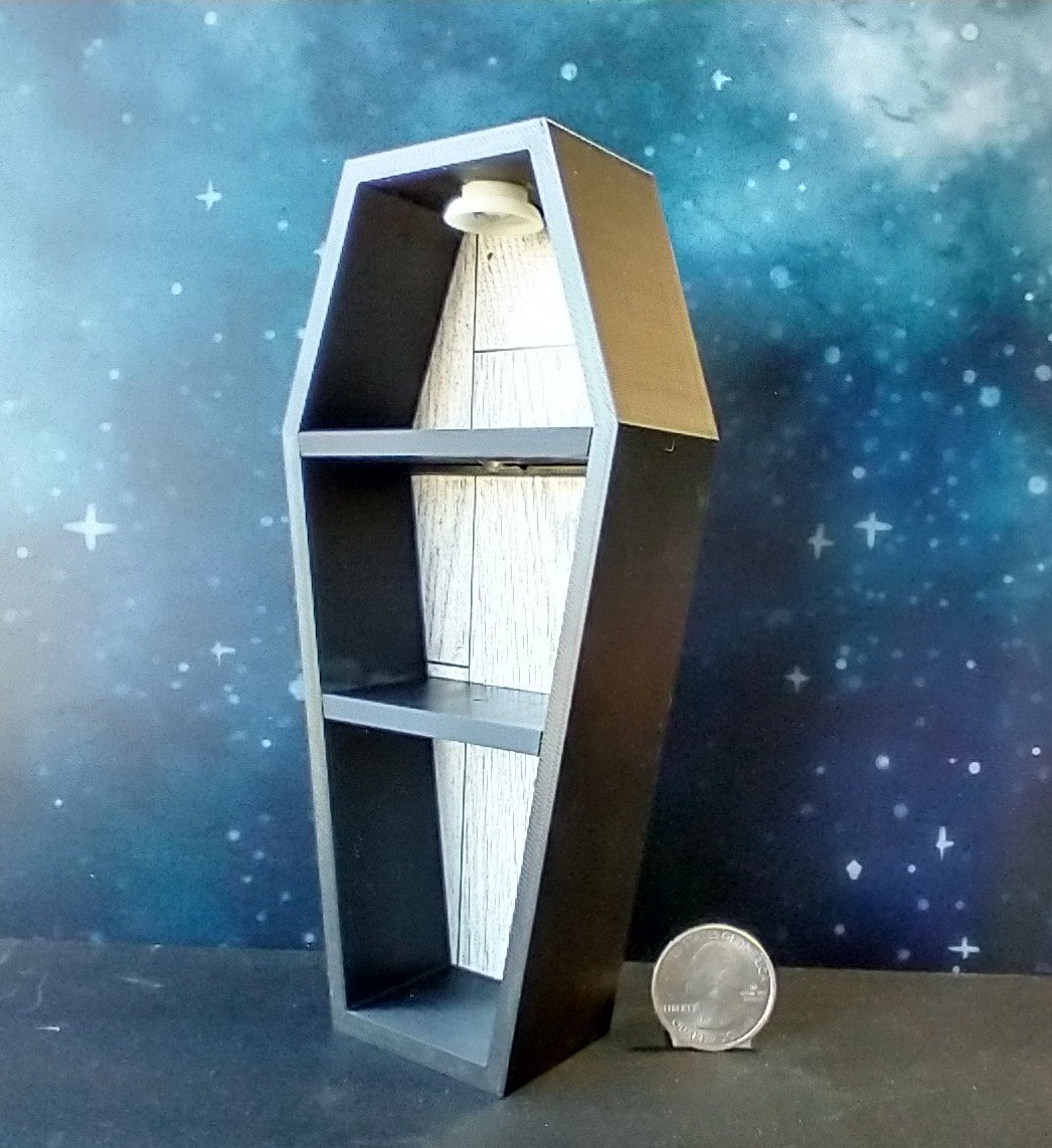 1:12 scale dollhouse miniature Halloween book shelf Black coffin display case Battery lighted Halloween display unit to showcase your mini Halloween treasures