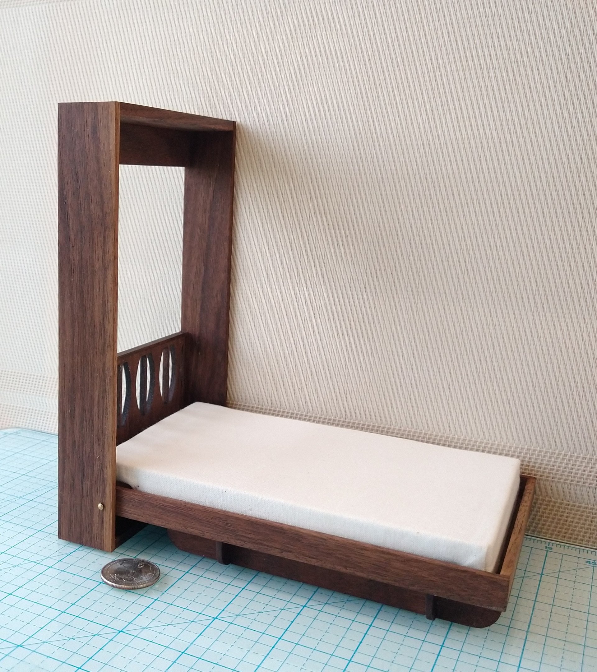 1:12 Dollhouse miniature Murphy bed in solid walnut with mid-century styled headboard Full/double fold-down bed Wall bed with front shelving Accesssories NOT included