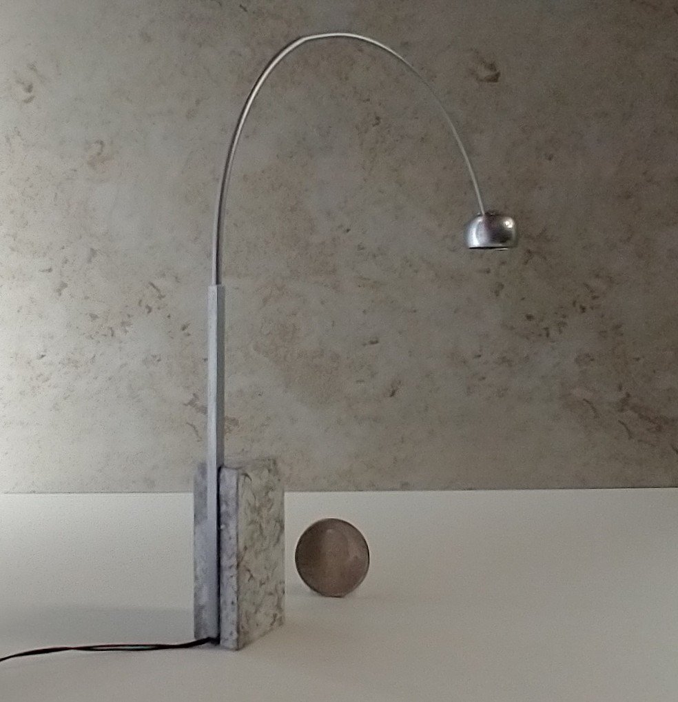 1:12 Dollhouse arc floor lamp with faux marble base Mid century modern inspired lamp Battery operated LED lamp on external wires REF White/grey base