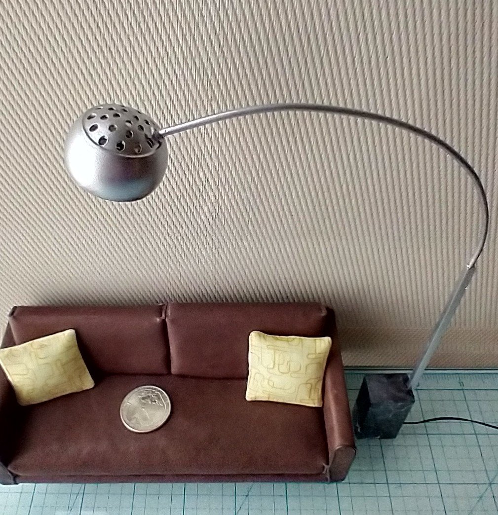 1:12 Dollhouse arc floor lamp with faux stone lamp base Mid century styled lamp Battery operated LED floor lamp on external wires
