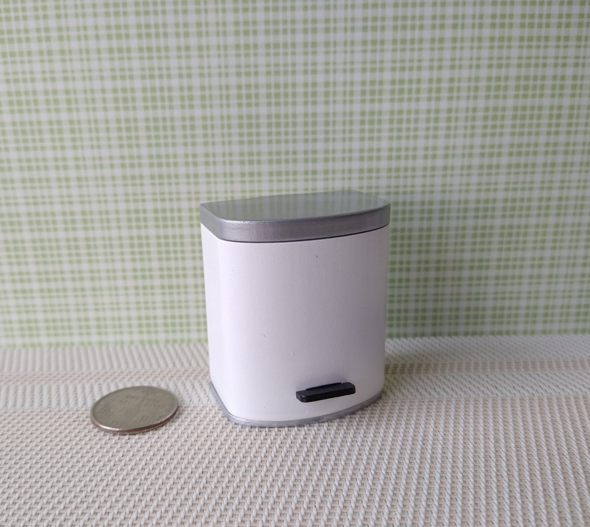 1:12 Dollhouse kitchen trash can in white finish with black pedal hinged silvery lid Modern styled trash can Kitchen garbagge can