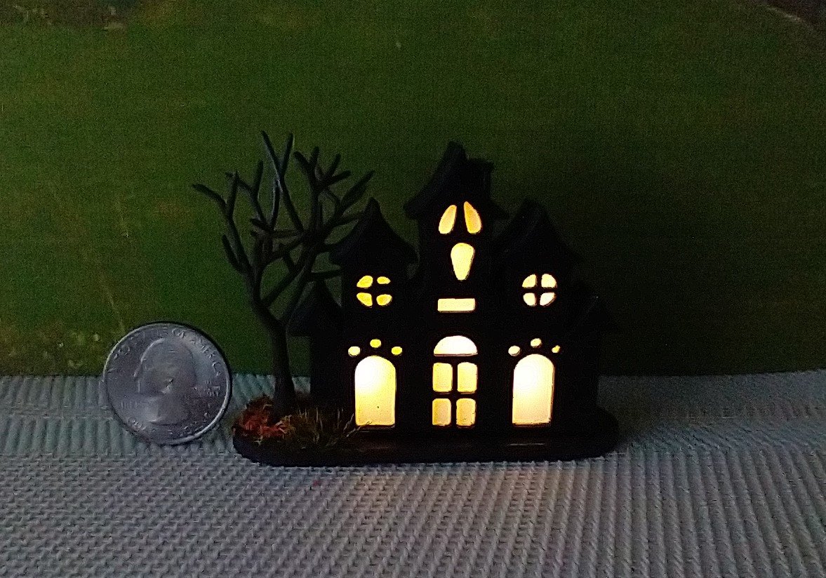 RESERVED Miniature light up halloween haunted house with leafless tree Battery operated for 1-inch scale or play scale REF 1