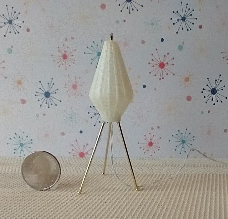 1:12 scale dollhouse mid-century modern tripod floor lamp Inspired by a vintage cocoon floor lamp Battery operated MCM lamp with external wires REF Mini tripod