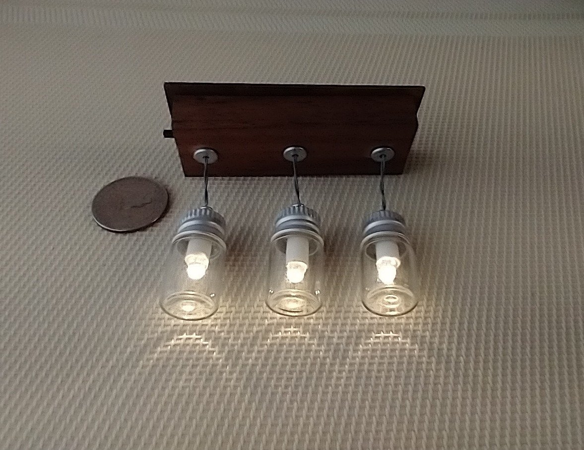 1:12 dollhouse battery operated ceiling glass jar lights for kitchen or dining room with solid walnut casing  + slide swtich Dollhouse working light fixture
