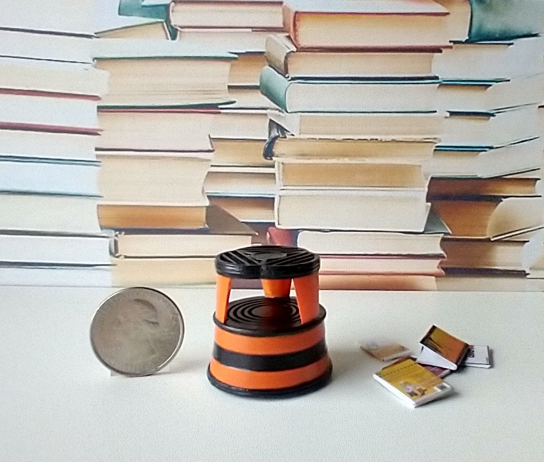 1:12 Dollhouse miniature round 2-step step stool inspired by Kik-step steel step stool REF Orange