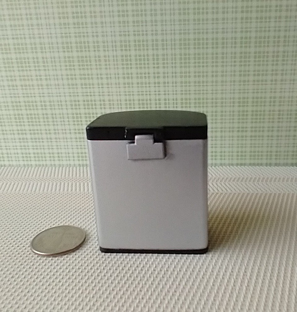 1:12 Dollhouse kitchen trash can in silvery finish with black pedal hinged black lid Modern styled trash can Kitchen garbage can