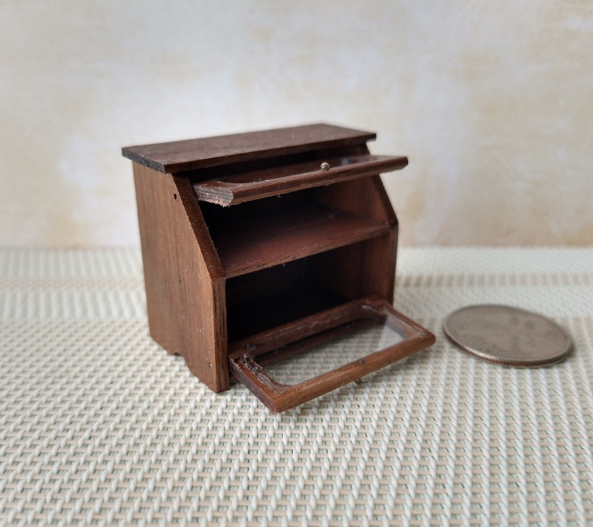 1:12 Dollhouse 2-tier bread box or goodies box with hinged doors and clear windows in solid walnut