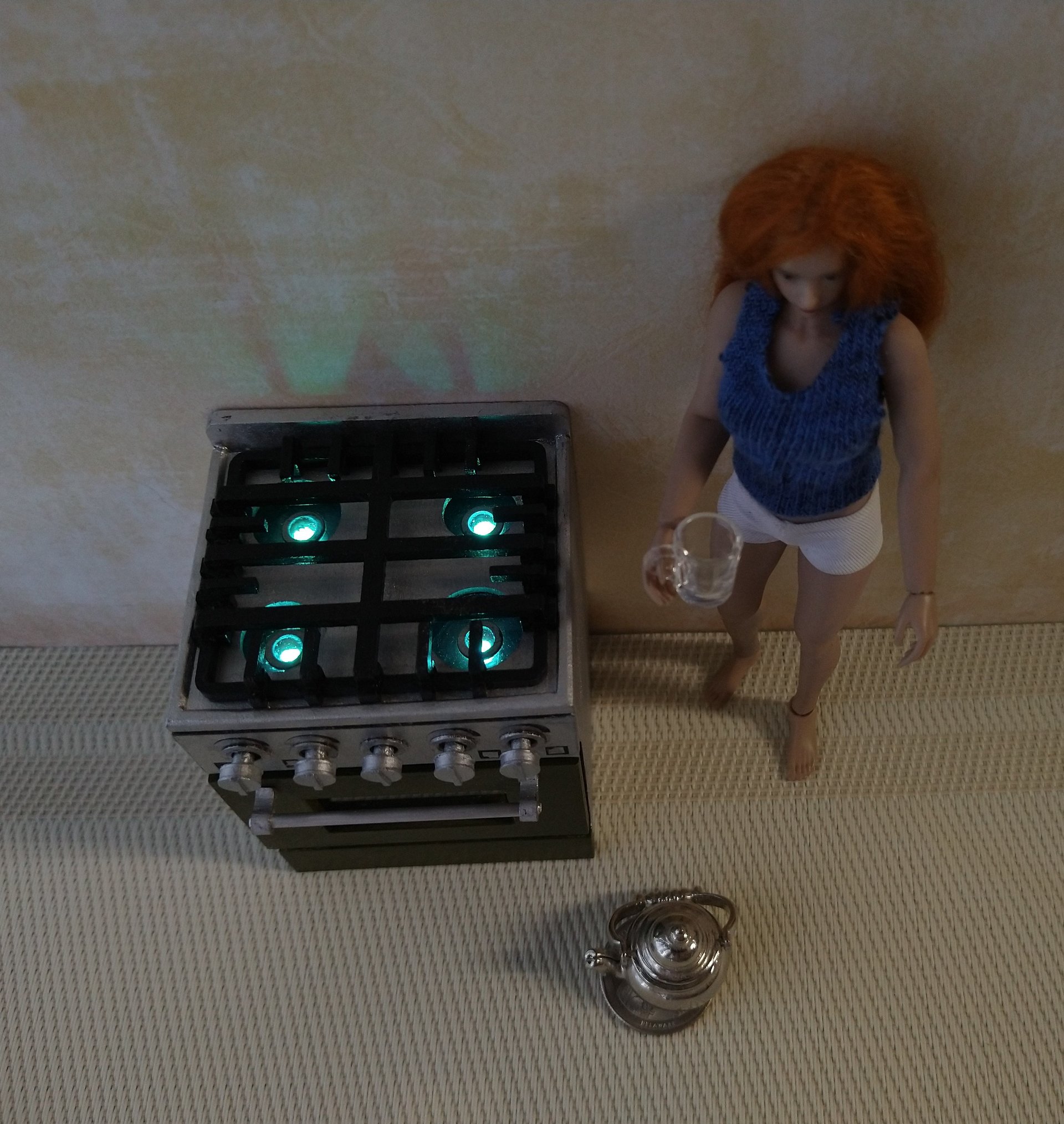 MADE TO ORDER 1:12 Dollhouse gas stove with  light up oven and four burners with suggested blue flames Non-refundable Deposit Payment