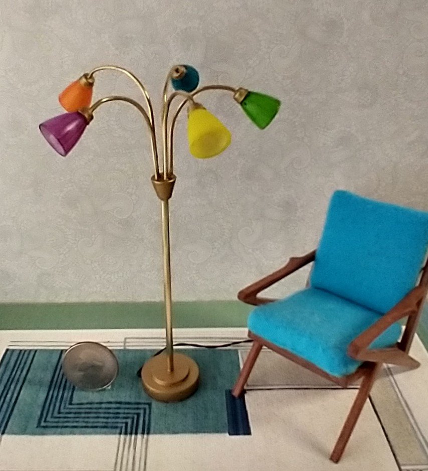 1:12 scale dollhouse mid-century style 5-arm floor lamp with shades in multiple colors