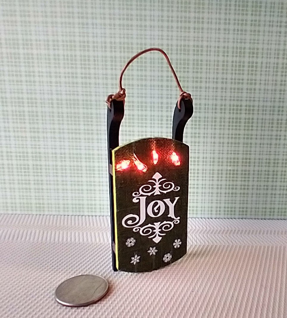 1:12 scale dollhouse light up wooden sled Joy sign decor Battery operated holiday light on green sled REF Lighted JOY on green