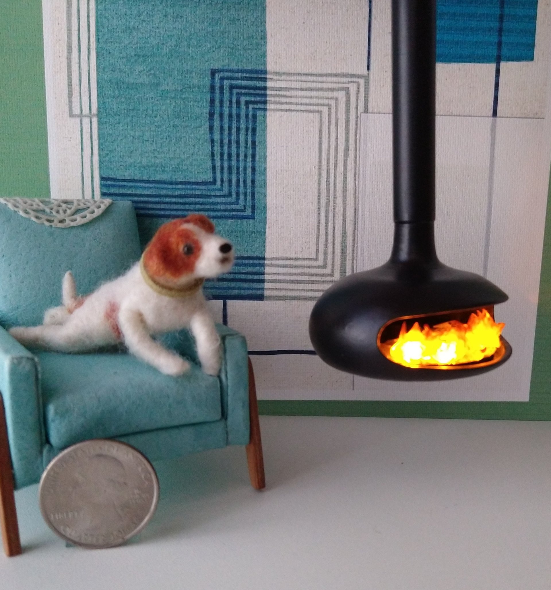1:12 Dollhouse miniature hanging modern fireplace with battery operated flickering insert REF Black