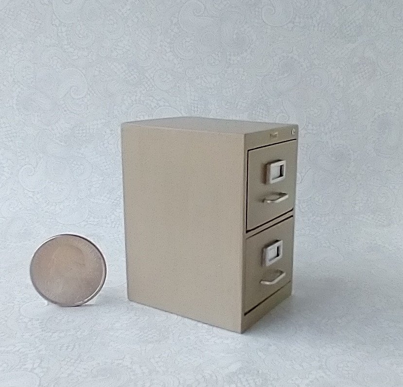 1:12 Dollhouse 2-drawer vertical filing cabinet Faux metal file cabinet for mini home office REF Putty color