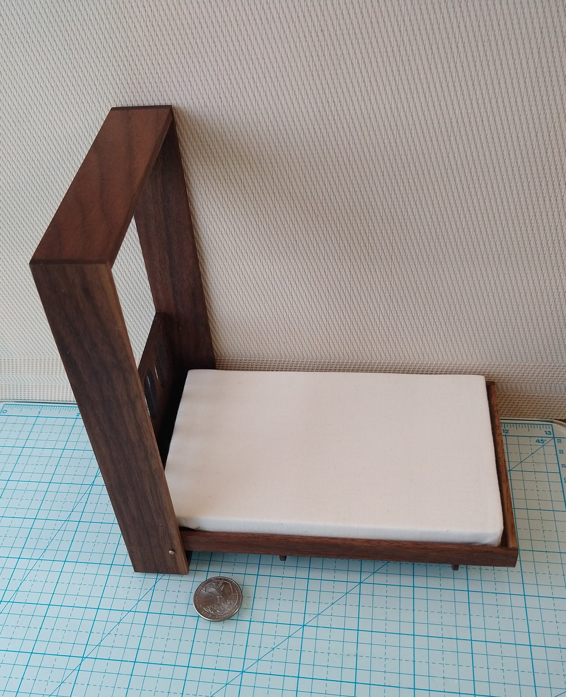 1:12 Dollhouse miniature Murphy bed in solid walnut with mid-century styled headboard Full/double fold-down bed Wall bed with front shelving Accesssories NOT included