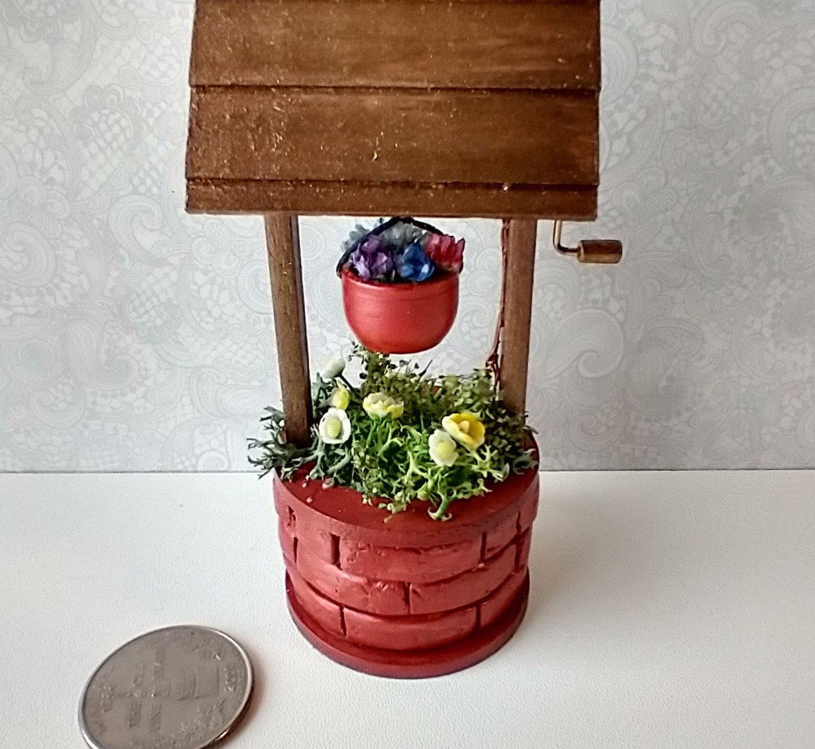 1:12 Dollhouse miniature battery operated lighted red brick wishing well planter with flowers