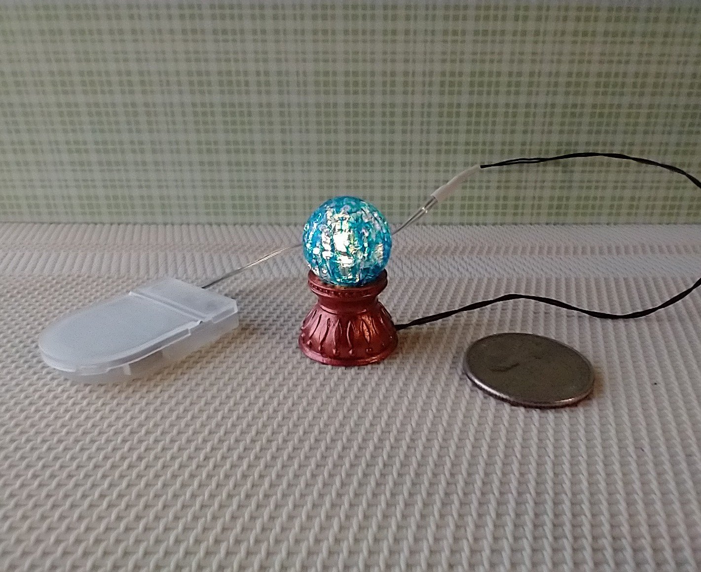 1-inch scale miniature light up crystal ball Battery operated lighted crystal sphere Halloween decor REF Copper finish stand