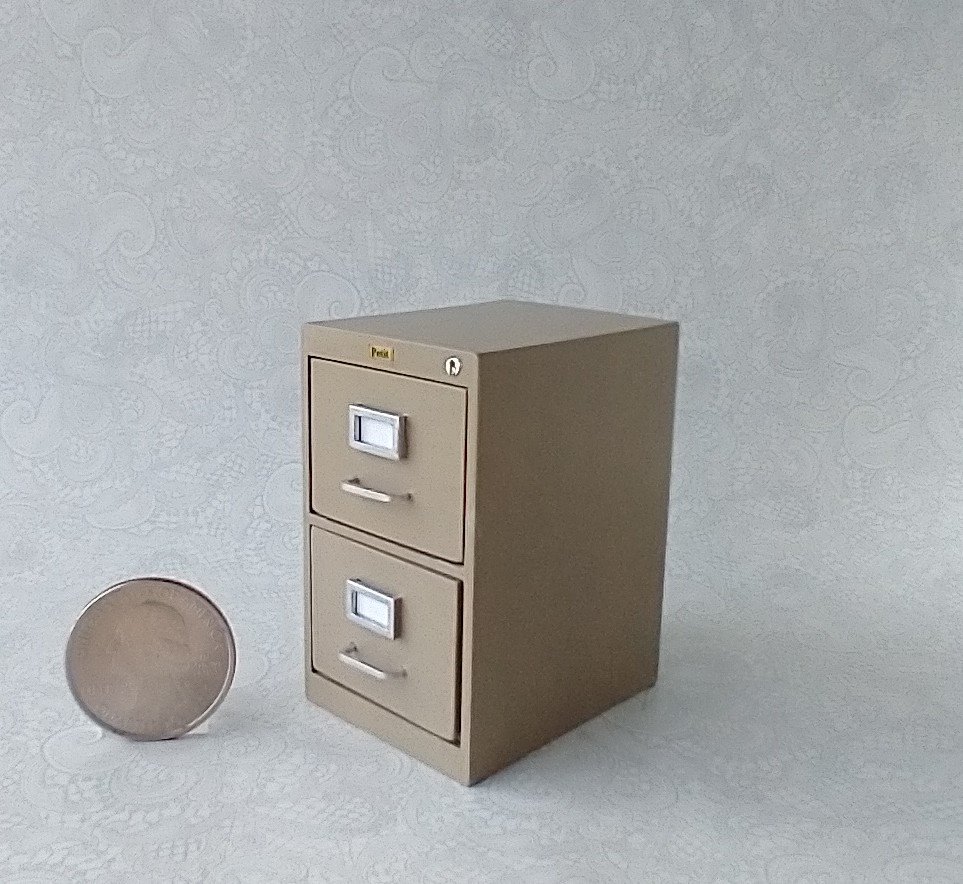 1:12 Dollhouse 2-drawer vertical filing cabinet Faux metal file cabinet for mini home office REF Putty color