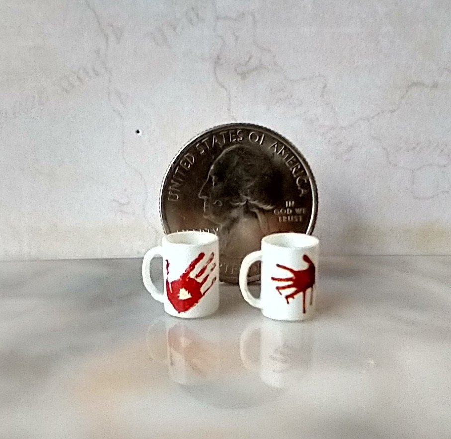 1:12 Dollhouse miniature white mug with bloody hand print and blood spatter PRICE is for ONE REF Bloody