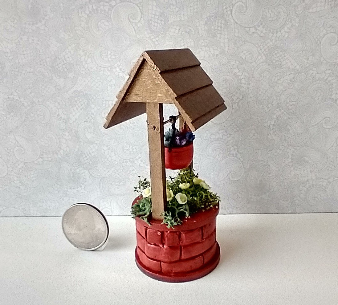 1:12 Dollhouse miniature battery operated lighted red brick wishing well planter with flowers