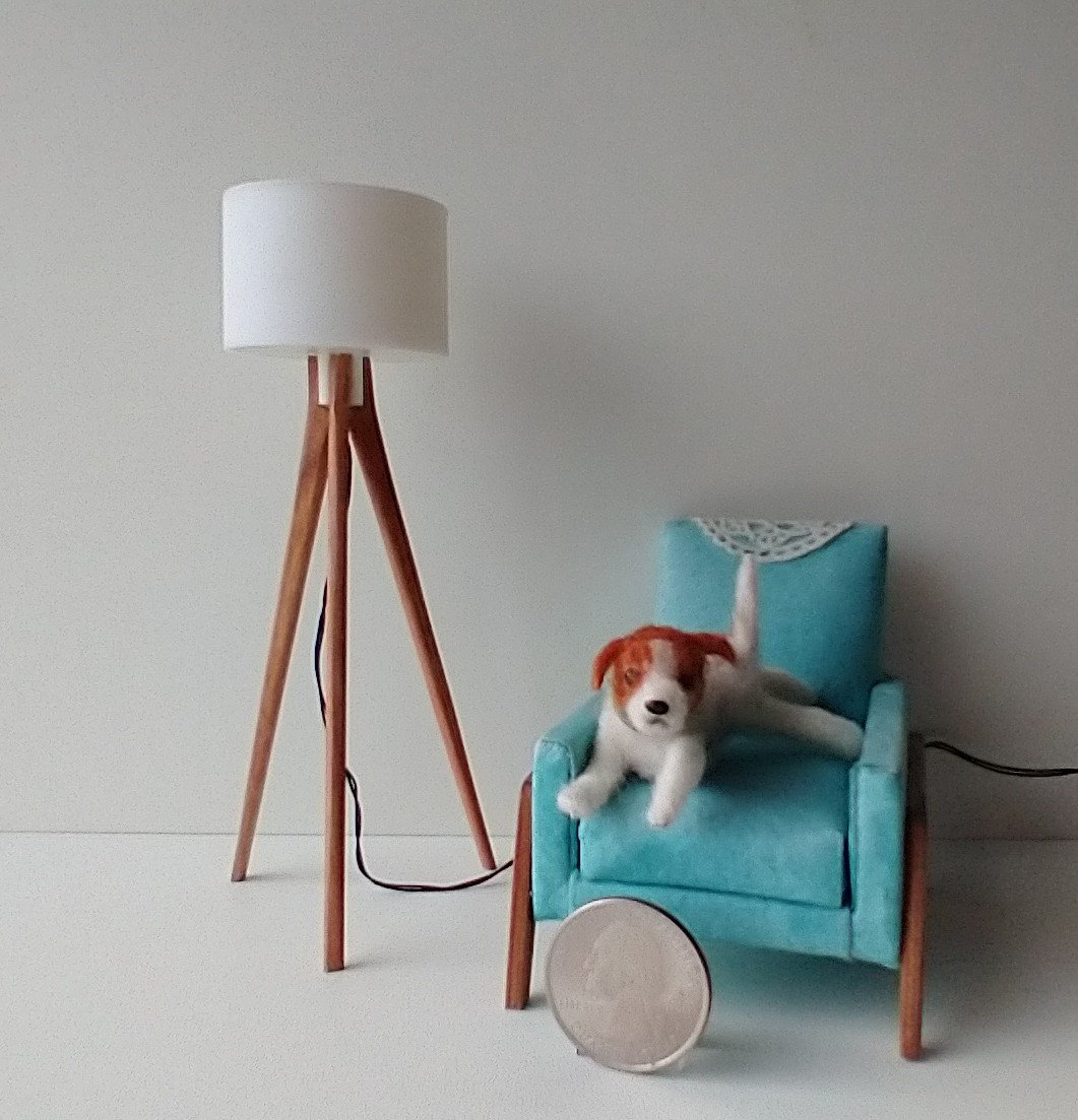 RESERVED for Robin 1:12 Dollhouse miniature tripod floor lamp cherry wood legs Modern tripod lamp Battery operated floor lamp with external wires