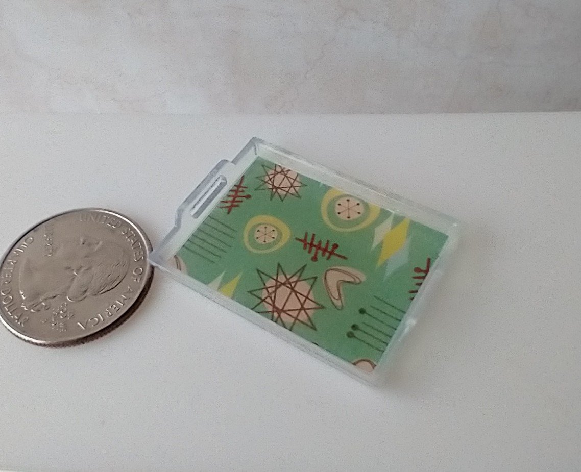 1:12 scale rectangular serving tray with MCM atomic themed graphics and two handles REF Green