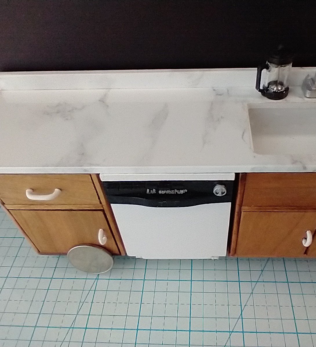 1:12 Dollhouse dishwasher with two slide out racks one flatware basket and detergent holder and hinged door REF White
