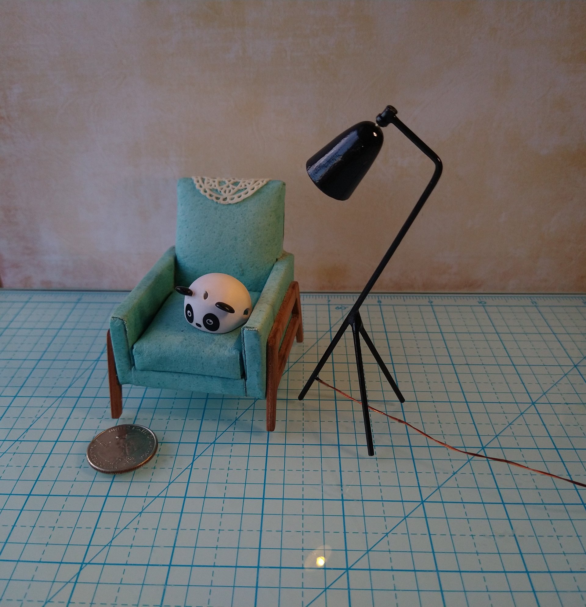 1:12 Dollhouse mid-century styled floor lamp Black tripod floor lamp Battery operated LED lamp with external wires REF Grasshopper