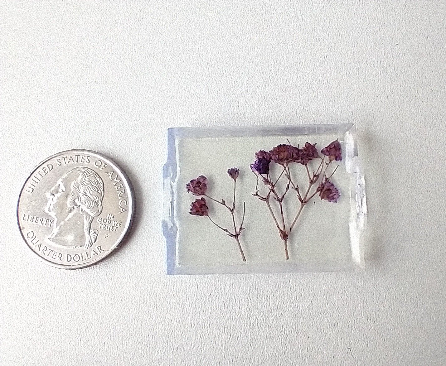 1:12 scale rectangular serving tray with pressed purple flowers Faux lucite tray with handles