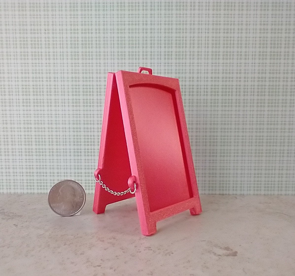 1:12 scale miniature sidewalk sign holder, 2-sided for changeable sinage Hinged and fold-flat for storage REF Coral pink