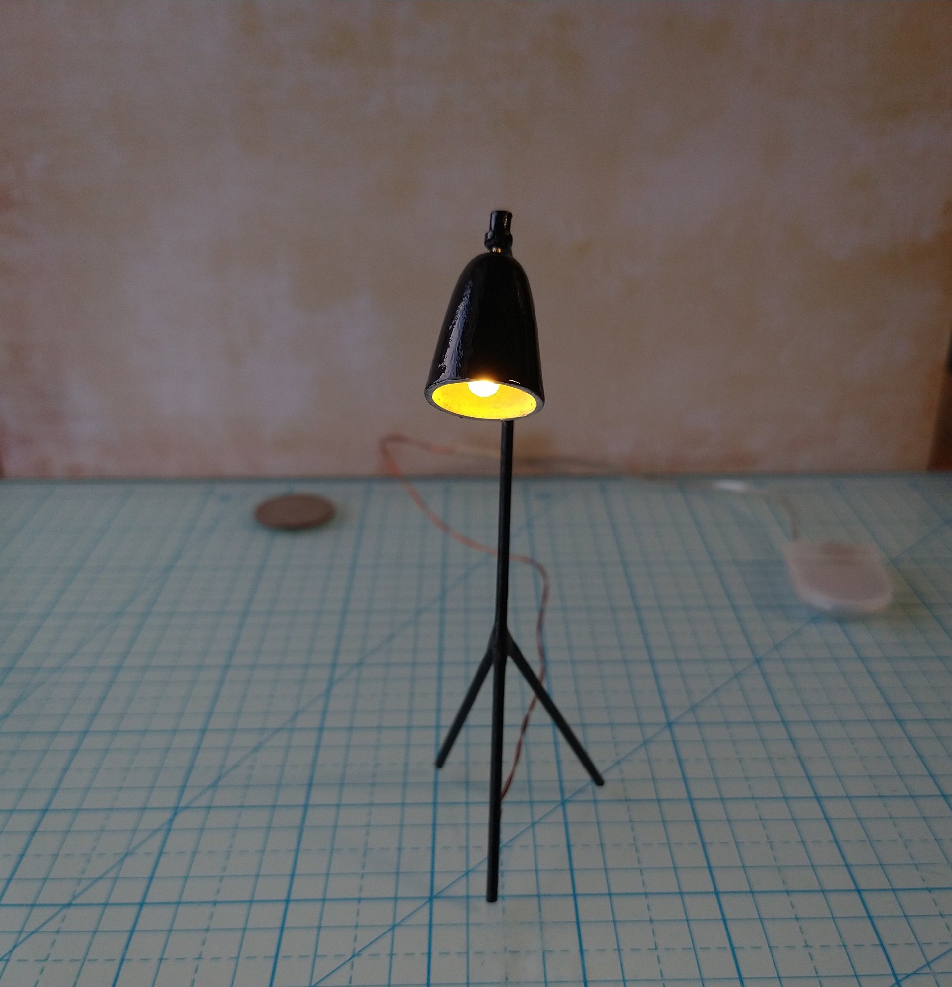 1:12 Dollhouse mid-century styled floor lamp Black tripod floor lamp Battery operated LED lamp with external wires REF Grasshopper